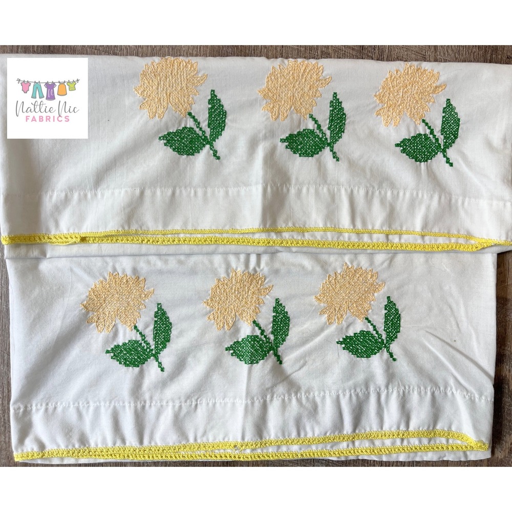 Vintage pair of pillowcases yellow floral emboidery crochet trim